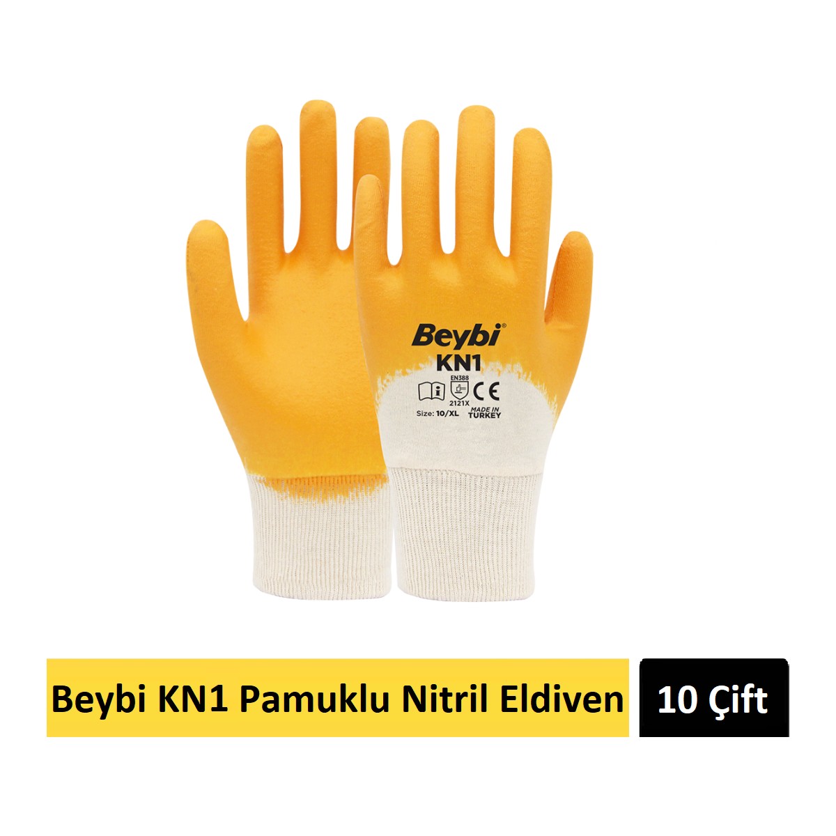 Kn1 Pamuklu Sarı Nitril Eldiveni 10 Çift No:9